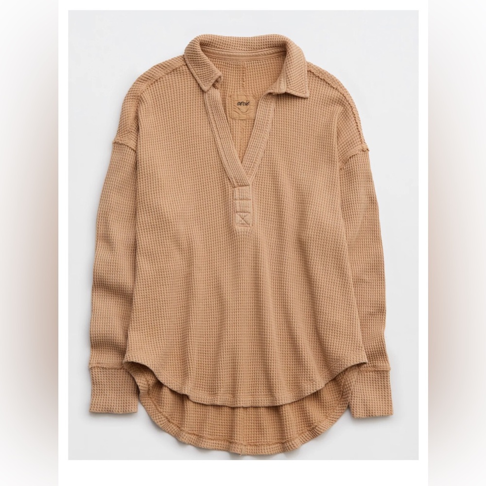 Aerie LumberJane Waffle Polo Sweatshirt tan size small womens